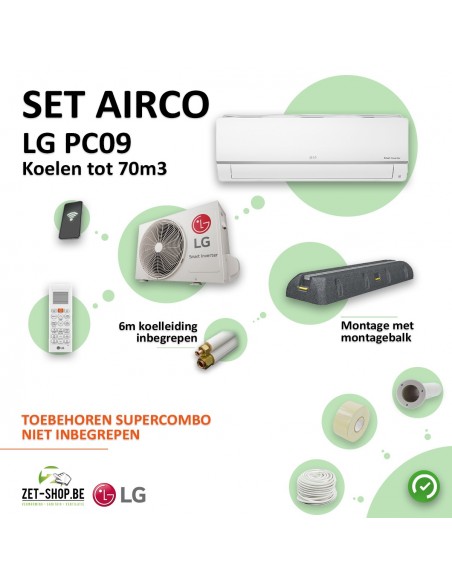 Set Airco LG PM09 WiFi   Single Split  met  6 m leiding en Montagebalk